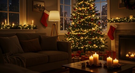Cozy living room decorated for Christmas, featuring a lit tree and candles, creating a warm atmosphere.