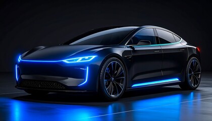Sleek black electric car with blue accents