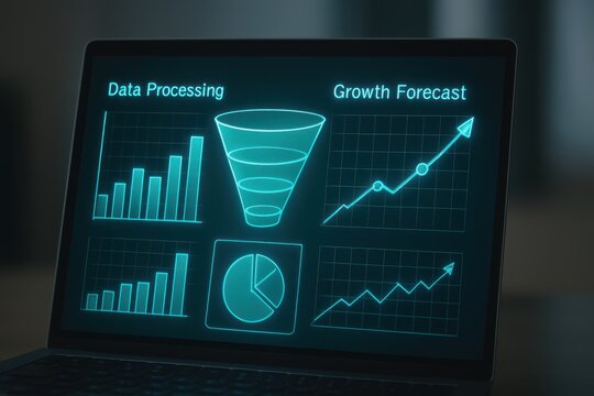 Laptop Displaying Data Processing, Sales Funnel and Growth Forecast with Graphs and Charts
