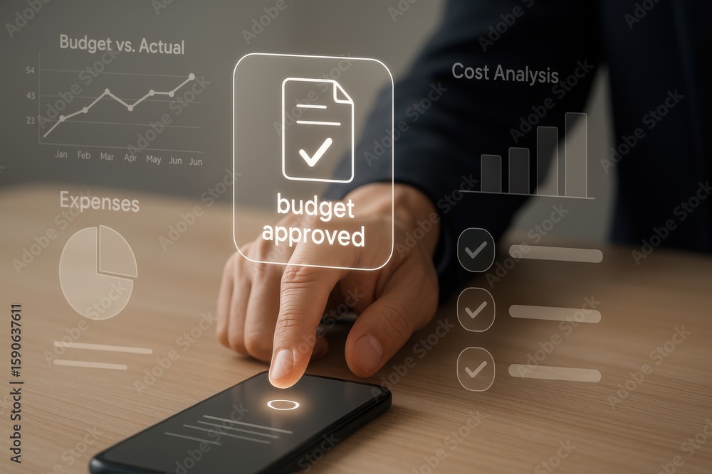 Poster hand approving budget on smartphone with expense analysis and cost chart visualization interface