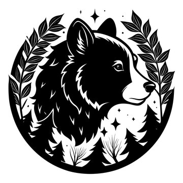 recommend clip art: Stylized bear head design with forest trees and stars, creating a strong graphic element for nature-themed branding or logo designs.