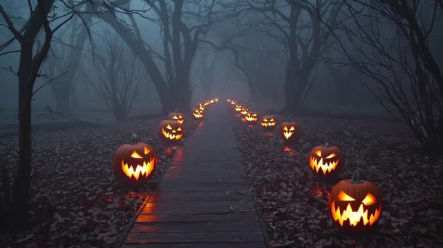 Eerie pumpkin pathway in mysterious foggy forest at night