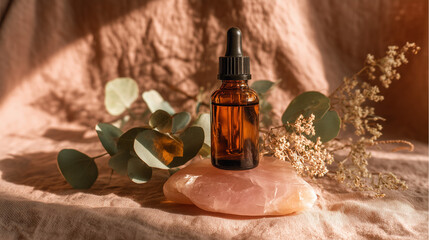 Amber Glass Dropper Bottle on Pink Stone with Rose Quartz and Eucalyptus