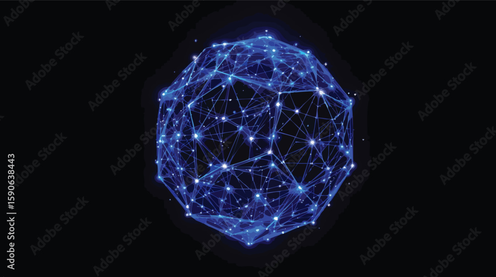 Aufkleber abstract blue digital sphere representing connected network or data flow on black background.