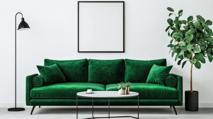 Emerald green velvet sofa in a modern living room.