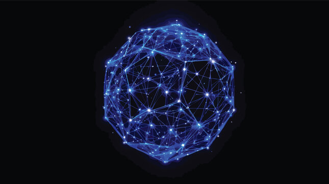 Abstract blue digital sphere representing connected network or data flow on black background.