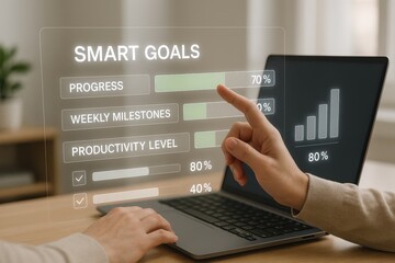 Person Tracking SMART Goals with Progress Bar, Weekly Milestones and Productivity Metrics on Digital Dashboard
