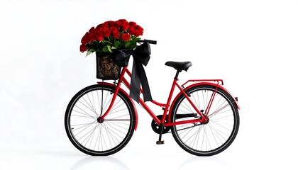 Red bicycle with roses in basket
