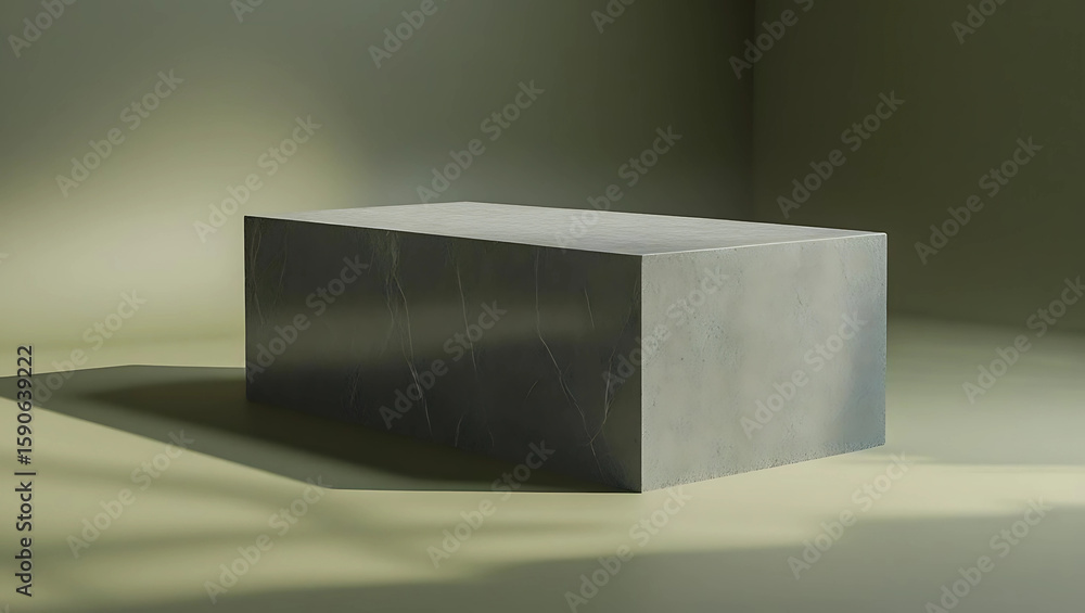 Aufkleber a grey rectangular block sits on a pale green surface, casting a shadow in a softly lit room.
