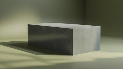 A grey rectangular block sits on a pale green surface, casting a shadow in a softly lit room.
