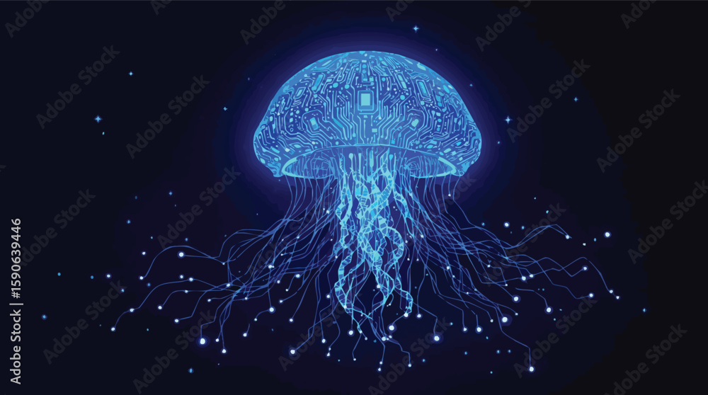 Poster abstract digital art depicting a glowing circuit board jellyfish floating in space.
