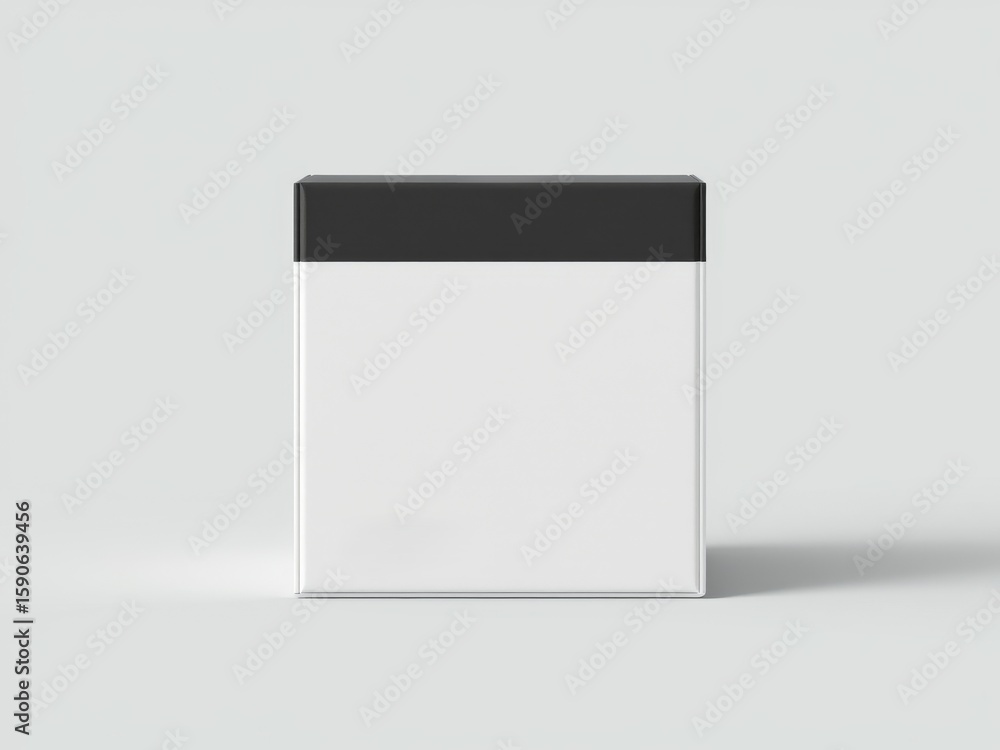Poster a minimalist square box with a black top sits on a white surface in a studio setting and soft lighti