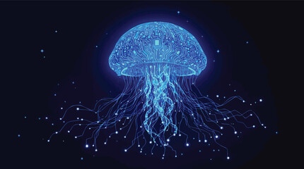 Abstract digital art depicting a glowing circuit board jellyfish floating in space.