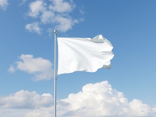 A white flag waving gently in the breeze against a backdrop of a blue sky and fluffy white clouds