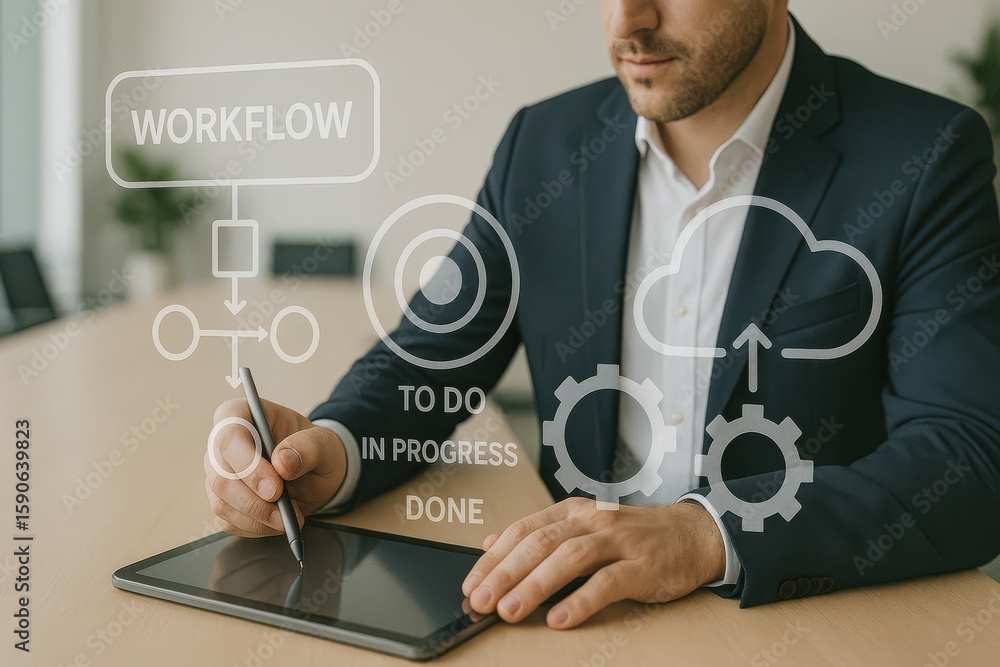 Poster businessman using tablet to manage workflow with task status, cloud sync and gear icons