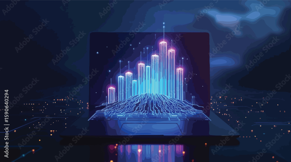 Poster abstract representation of data processing and digital information technology on a laptop.