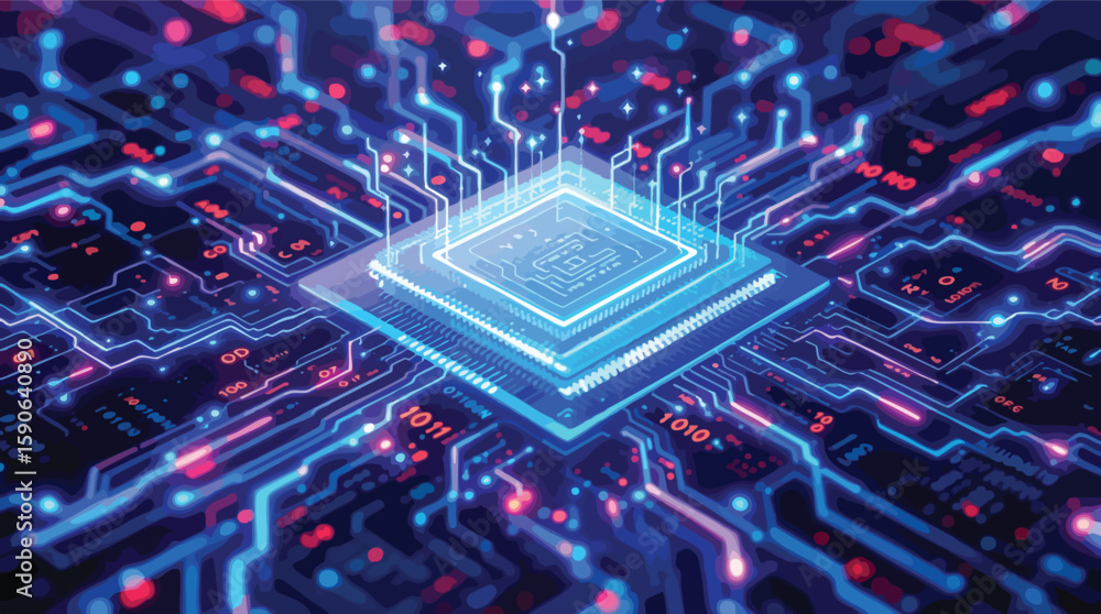 Poster abstract illustration of a glowing computer processor with a circuit board design concept.