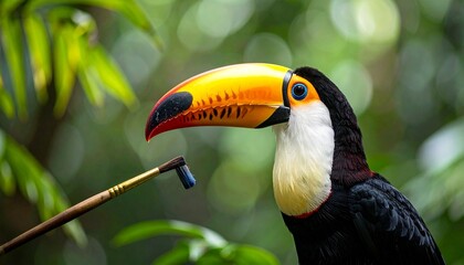 A toucan holding a paintbrush, tropical background