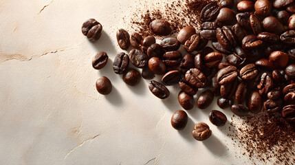 Aromatic Roasted Coffee Beans with Fine Ground Coffee on Surface