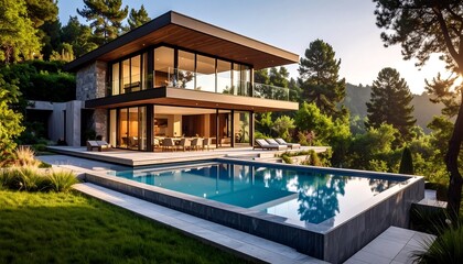 Obraz premium Modern house with pool nestled in lush landscape