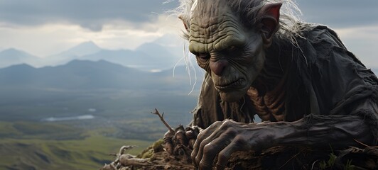 A haunted gothic HubGoblin perched on a wind-swept hill ,ai generative