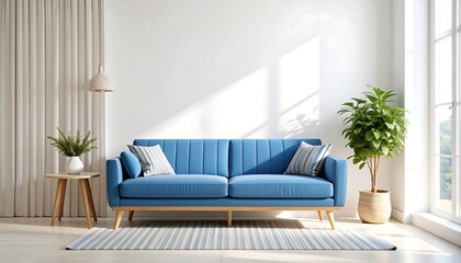 Modern living room with blue sofa
