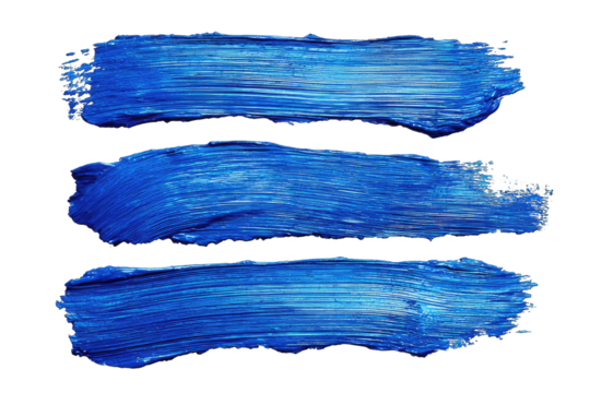 Three horizontal brushstrokes of deep blue paint on a black background, exhibiting texture and variation in tone