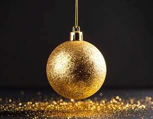 Golden Christmas ornament hanging, glitter scattered below