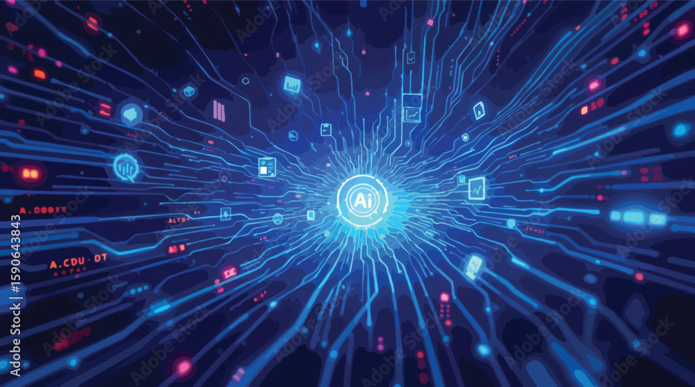Poster artificial intelligence digital circuit board illustration representing technology and innovation.