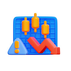 3D icon of a bearish candlestick chart with a downward arrow and warning sign For stock market crash, financial crisis, bear market warning, investment risk alert.