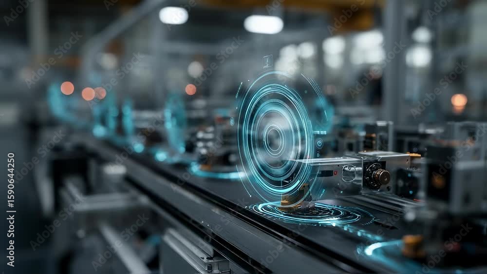 Poster modern industrial factory using innovative automated robotic arm and conveyor belt system transporti