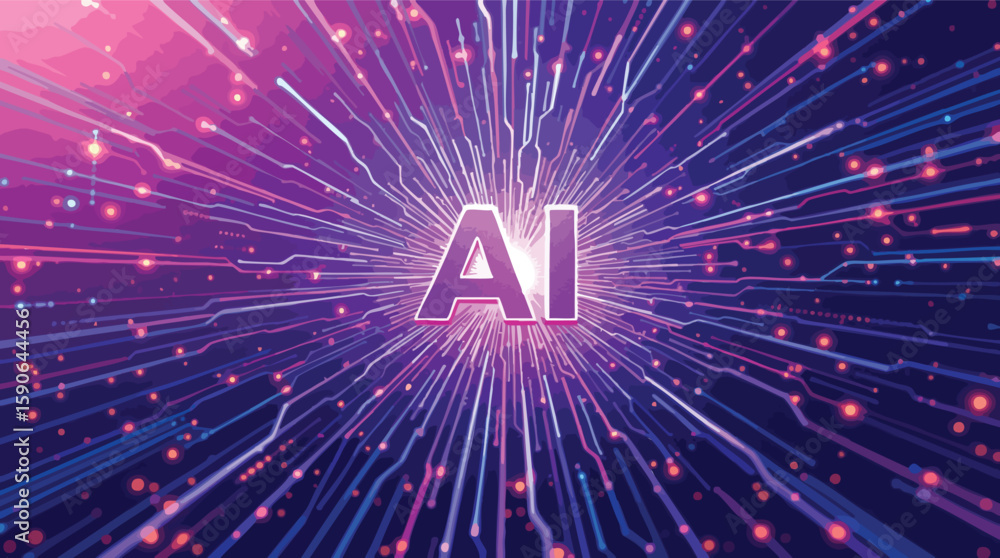 Poster conceptual visualisation of artificial intelligence with radiant light trail and electronic circuitr
