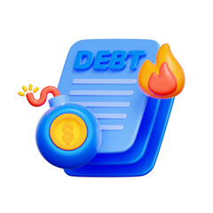 3D icon of a debt document with a burning bomb For debt bomb explosion, sovereign debt crisis, loan default risk, financial emergency.