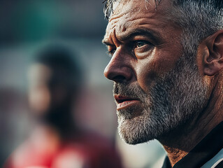 Coach observes player performance during intense match at local stadium in the late afternoon