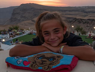 Smiling girl enjoying sunset at a scenic viewpoint in Santorini with friends and soft towel on a warm evening