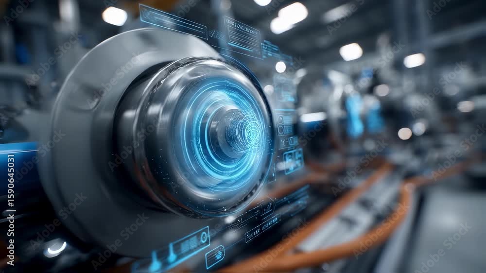 Poster complex machinery operating in a modern factory setting utilizes augmented reality and data analysis
