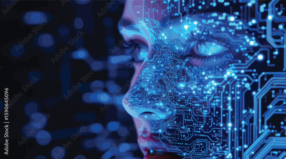 Poster digital artificial intelligence concept represented by a circuit board face with glowing blue light.