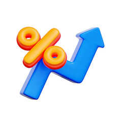 3D icon of an upward arrow with a percentage symbol For rising interest rates, inflation growth, loan rate increase, economic growth percentage.