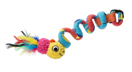 A colorful spiral-shaped baby toy with a smiling caterpillar face and feathery tail, isolated on a white background.