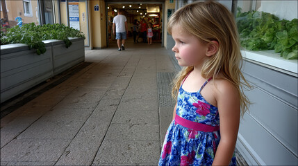 Little girl in a floral dress standing in a hallway at a shopping center observing the surroundings on a sunny day