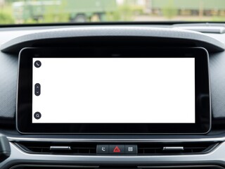 A car dashboard featuring a large blank screen with call and search icons on the left side panel