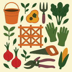 Gardening tools with fresh vegetables on a clean white background
