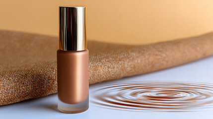 Nail polish bottle with golden cap surrounded by ripples on smooth surface in natural light