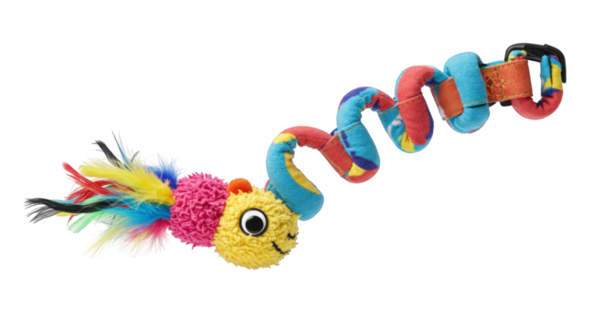 A colorful spiral-shaped baby toy with a smiling caterpillar face and feathery tail, isolated on a white background.