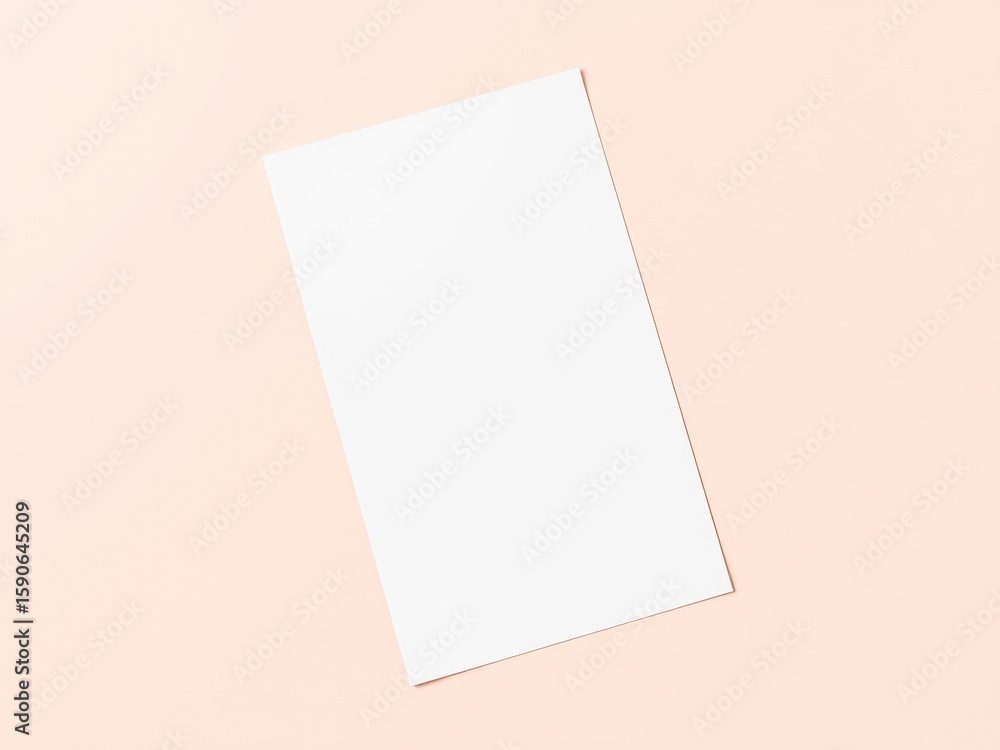 Poster a clean white rectangular sheet of paper placed diagonally on a light peach colored surface in studi
