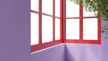 Modern Red Window Frame with Purple Wall and Greenery