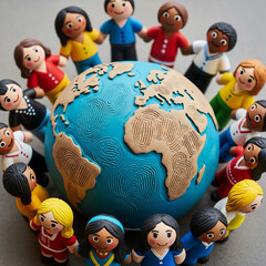 Clay globe with colorful characters around it representing unity