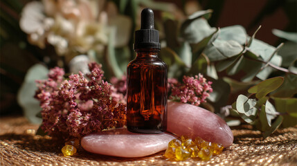 Amber Glass Dropper Bottle on Pink Stone with Rose Quartz and Eucalyptus