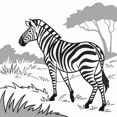 Illustration of a zebra standing in a grassy field with trees in the background in a monochrome style