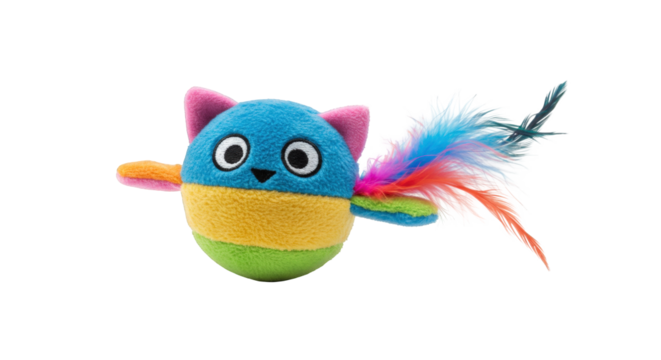 Colorful plush cat-shaped toy with rainbow feather tail for playful feline entertainment.